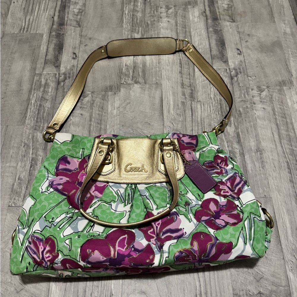 Coach Green and Purple Shoulder Bag with Botanical Print